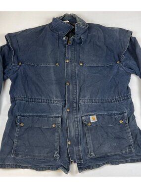 Rare VTG Carhartt CW083 Navy Blue Cape Coat Blanket Lined Duster Jacket XL